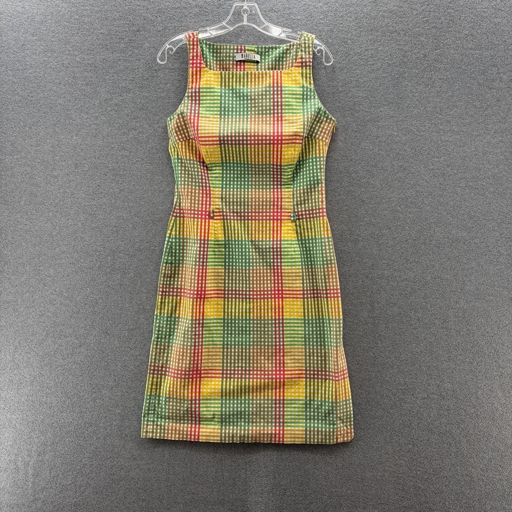 Marella Dress 10 Green Yellow Plaid Preppy Summer Sheath Stretch Cotton Italy
